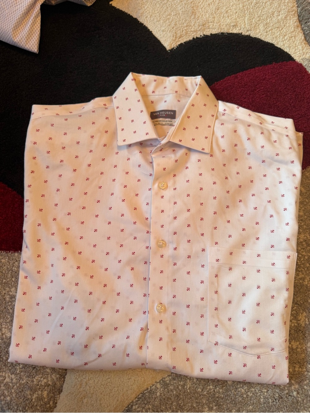 Van Heusen Men's White Dress Shirt with Red Micro Pattern